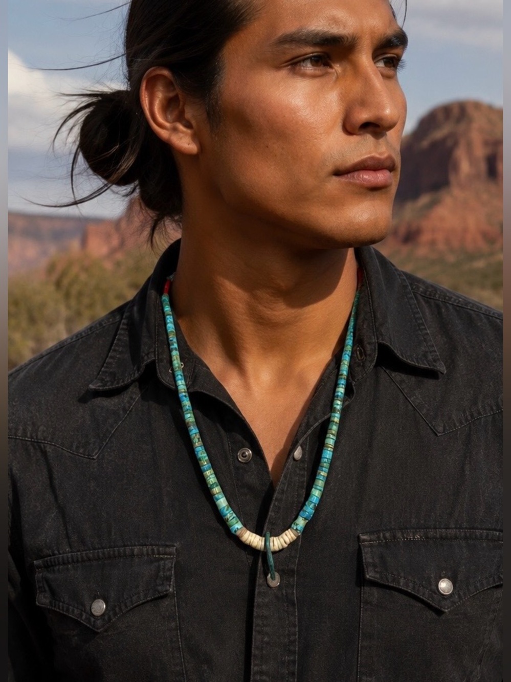 Native American Santo Domingo Sterling Silver Natural Turquoise Heishi Necklace